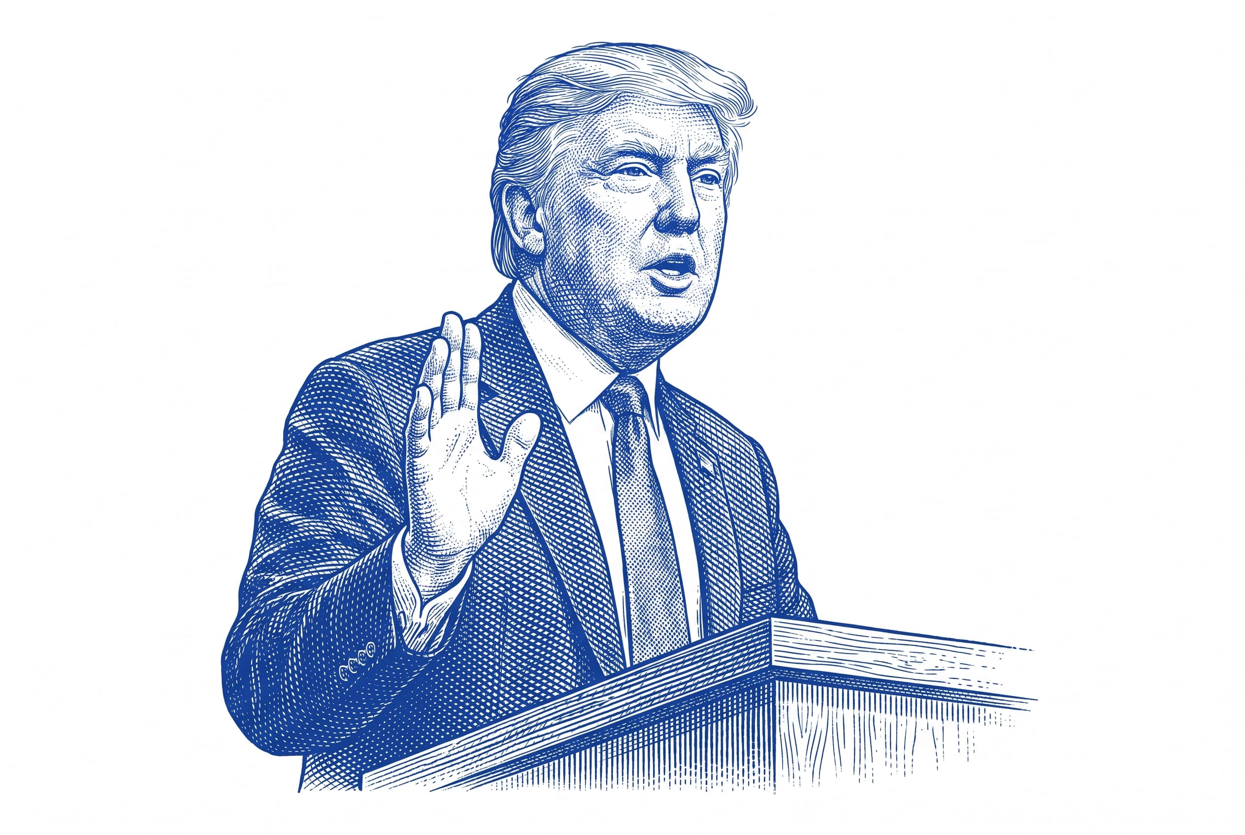 Donald Trump, the president, in a hedcut engraving portrait, hand raised while speaking