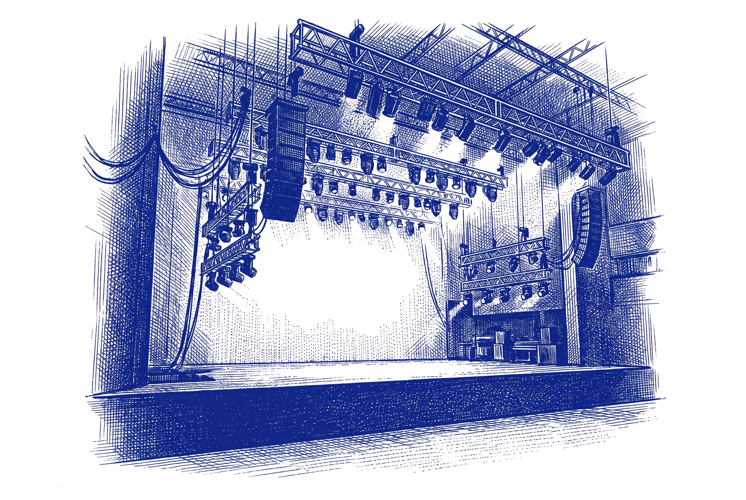 Empty concert stage with overhead lighting equipment