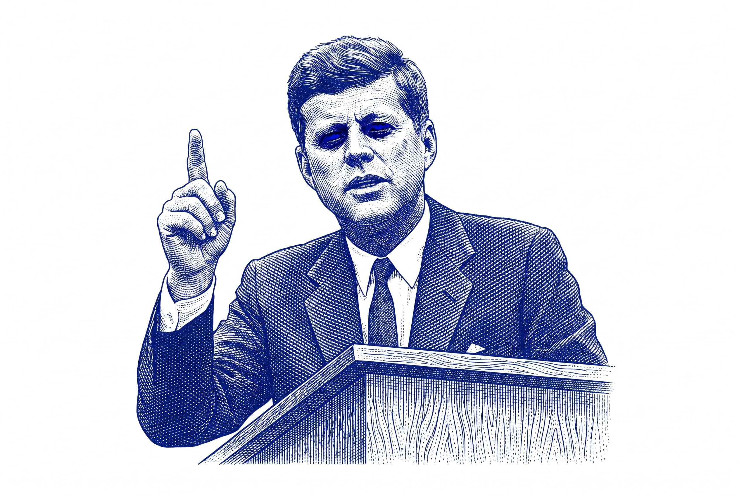 John Kennedy, US senator, pointing upward while speaking outdoors