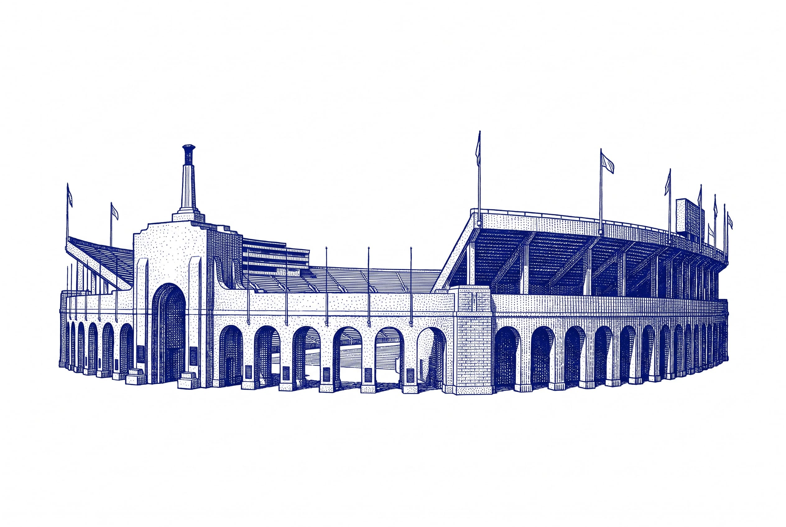 The Los Angeles Memorial Coliseum, a large stadium with classical arched columns, shown in an engraved hedcut style.